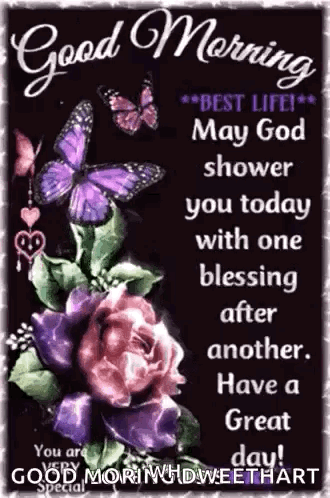 Good Morning Greeting Card with Purple Butterflies and Flowers