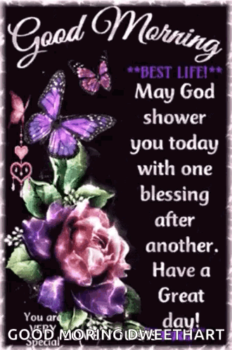 Good Morning Greeting Card With Purple Flowers and Butterflies