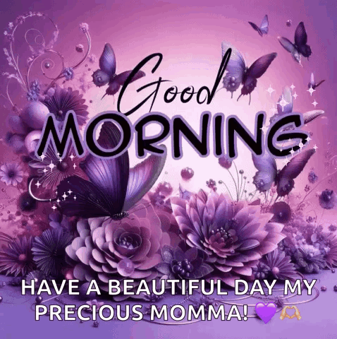 Good Morning Greeting Card With Purple Flowers and Butterflies