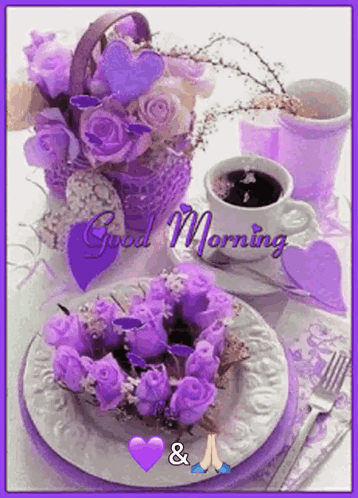 Good Morning Greeting Card with Purple Flowers and Coffee
