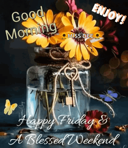 Good Morning Happy Friday Greeting Card With Vase of Flowers and Key
