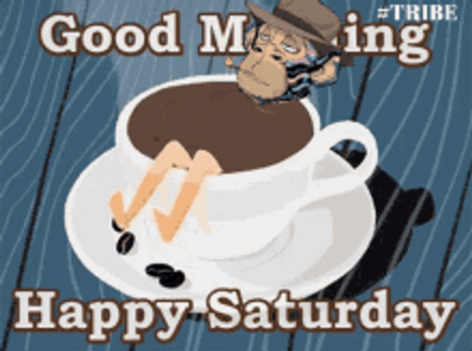 Good Morning Happy Saturday Animated Monkey Coffee GIF 