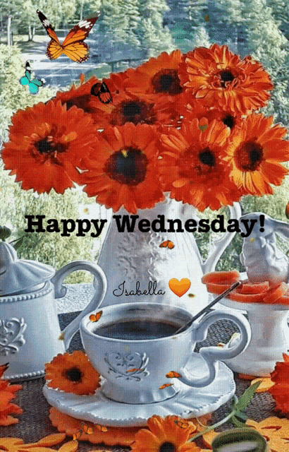 Good Morning Happy Wednesday Red Orange Flowers Coffee Butterfly GIF