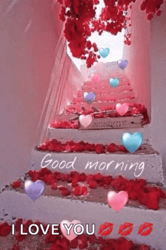 Good Morning Love You Red Flowers Stair GIF