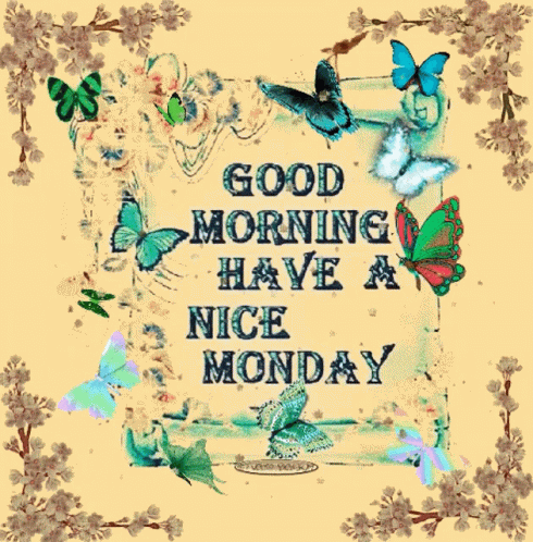 Good Morning Monday Card With Butterflies And Flowers GIF