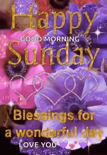 Good Morning Sunday With Purple Flowers and Hearts