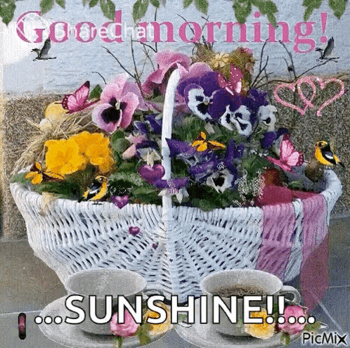 Good Morning Sunshine Flower Basket And Coffee Cups