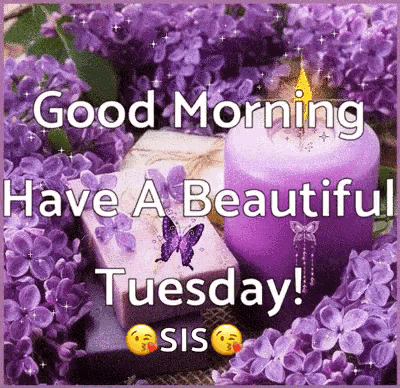 Good Morning Tuesday Greeting Card With Purple Flowers And Candle GIF