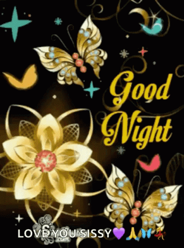 Good Night Greeting Card With Butterflies Flowers GIF