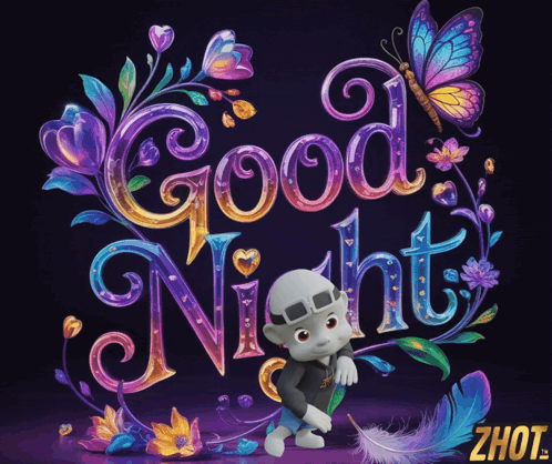 Good Night Poster With Feather and Butterfly