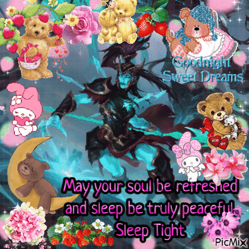 Goodnight Sweet Dreams Teddy Bears Flowers Dragon