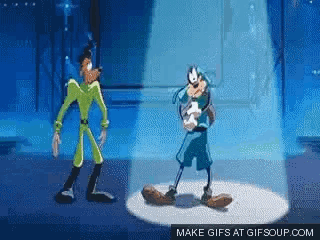 Goofy And Mickey Mouse Are Dancing Together On A Stage . GIF