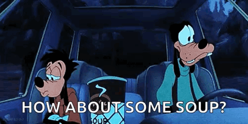 Goofy And Mickey Mouse Are Sitting In The Back Seat Of A Car And Talking About Some Soup . GIF
