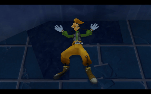 Goofy Cartoon Character Laying On Floor With Arms Outstretched GIF