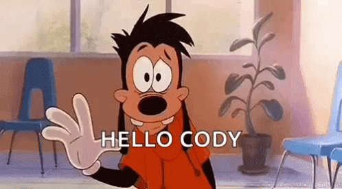 Goofy Cartoon Character Waving in Room With Chairs and Plant