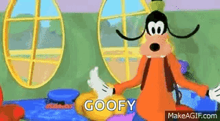 Goofy From Mickey Mouse Clubhouse Is Standing Next To Mickey Mouse In A Bedroom . GIF