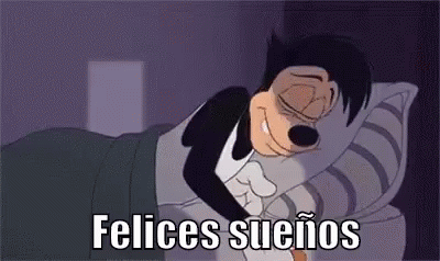 Goofy From Mickey Mouse Is Sleeping In A Bed With The Words Felices Suenos . GIF
