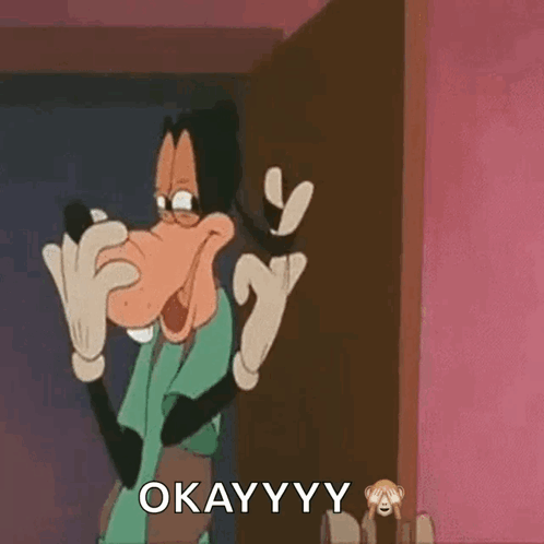 Goofy Is Standing In Front Of A Door And Covering His Nose With His Hands . GIF