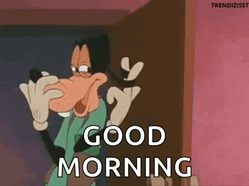 Goofy Is Standing In Front Of A Door Saying Good Morning . GIF