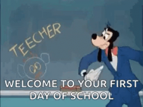 Goofy Is Writing On A Blackboard With The Words `` Welcome To Your First Day Of School '' Written On It . GIF