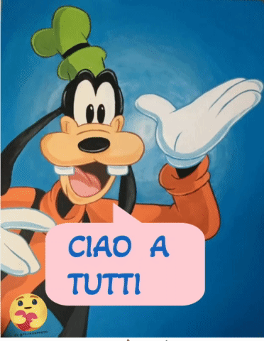 Goofy Says Ciao A Tutti In A Pink Speech Bubble GIF