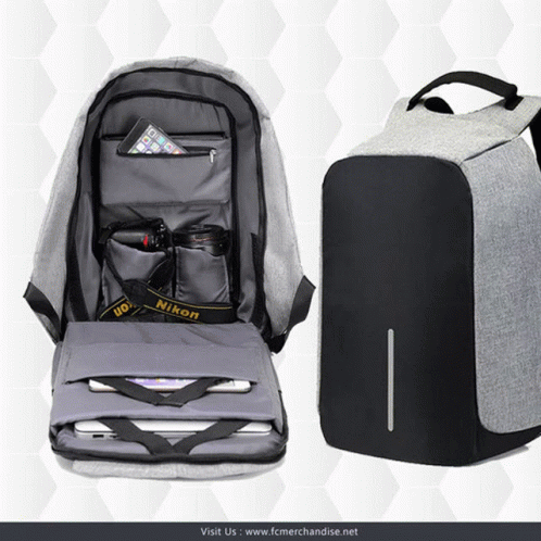 Gray and Black Backpack With Nikon Strap