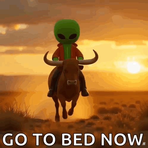 Green Alien Riding Bull Go To Bed Now