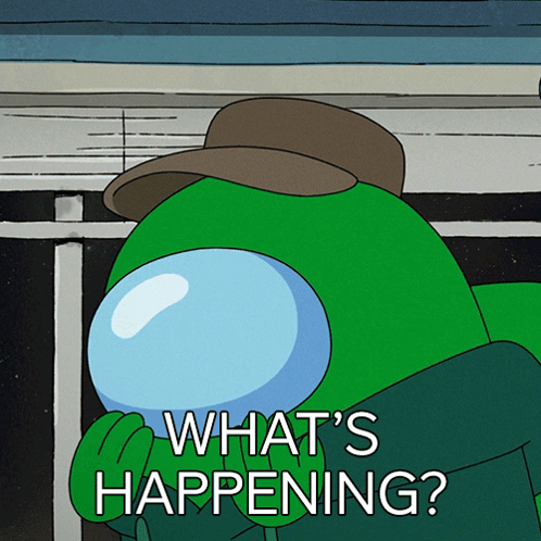 Green Among Us Character With Hat Says What's Happening