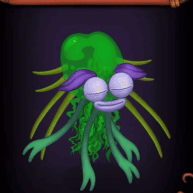 Green and Purple Cartoon Character with Purple Eyes