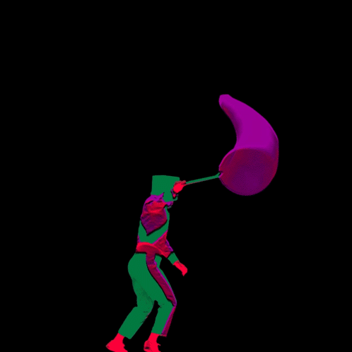 Green and Purple Silhouette Holding Large Purple Object
