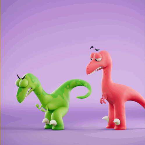 Green and Red Dinosaurs Standing Together