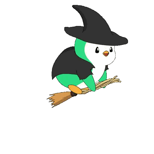 Green and White Penguin Flying on Broom