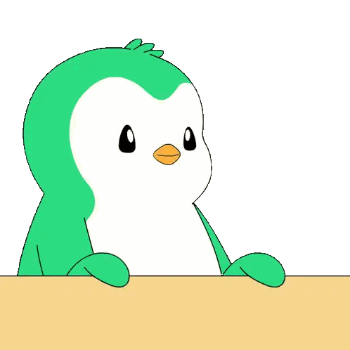 Green and White Penguin Looking Over Table