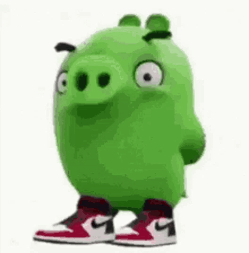 Green Angry Birds Pig Wearing Red White Nike Shoes GIF