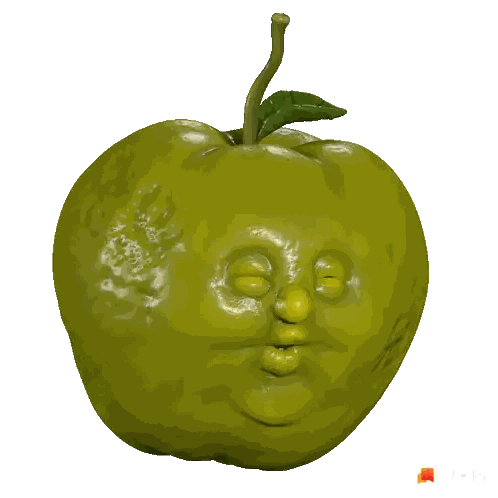 Green Apple With Face and Leaf