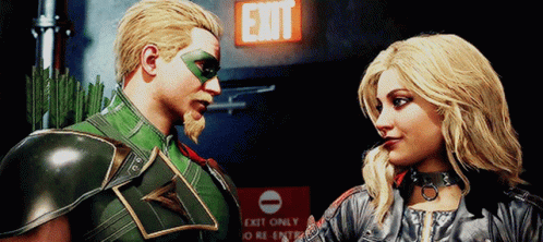Green Arrow And Black Canary Are Standing Next To Each Other In Front Of An Exit Sign GIF