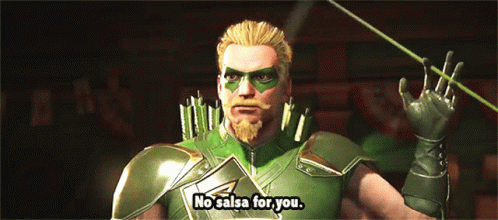 Green Arrow Says No Salsa For You In A Video Game Scene GIF
