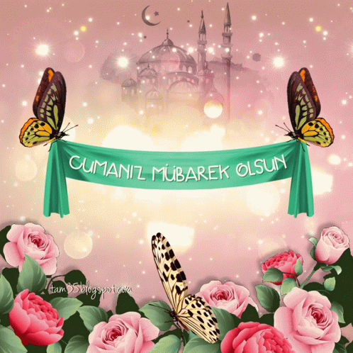Green Banner Cumamiz Mubarek Olsun With Pink Roses GIF