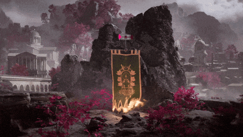 Green Banner with Gold Emblem on Rock