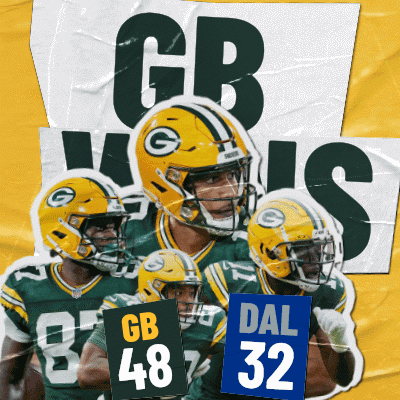 Green Bay Packers Players Holding Signs Saying GB 48 DAL 32 GIF