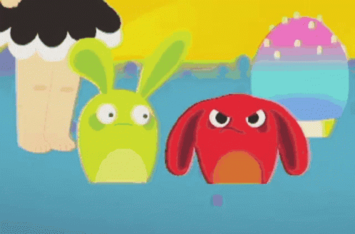 Green Bunny and Red Dog Standing in Pool