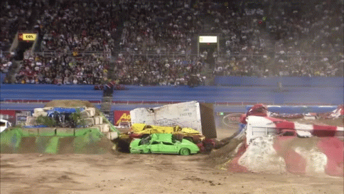 Green Car Destroyed by Monster Truck in Dirt Race