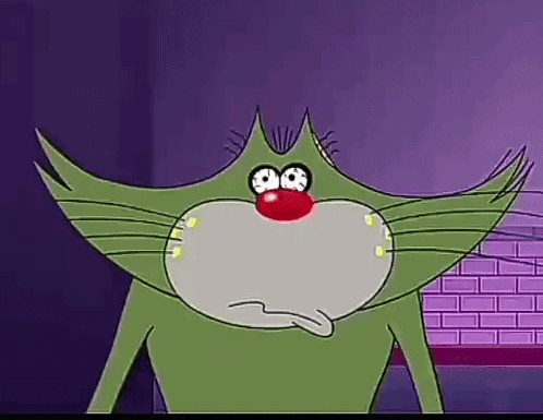 Green Cartoon Cat With Red Nose And Big Eyes GIF