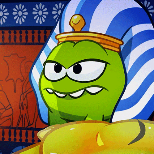 Green Cartoon Character in Blue and White Striped Hat and Gold Crown