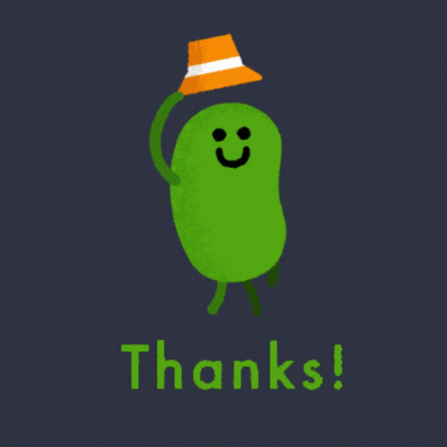 Green Cartoon Character in Orange Hat Saying Thanks