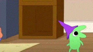 Green Cartoon Character In Purple Hat Standing On Wooden Floor GIF