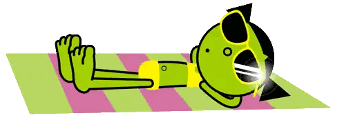 Green Cartoon Character Lying on Striped Towel