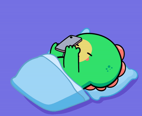 Green Cartoon Character Sleeping With Phone In Mouth GIF