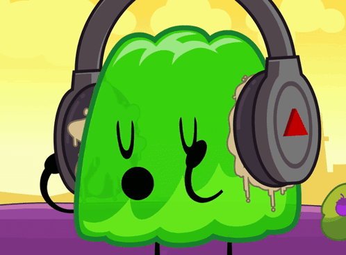 Green Cartoon Character Wearing Headphones With Red Triangle GIF