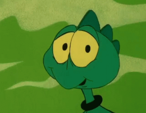 Green Cartoon Character With Big Yellow Eyes GIF